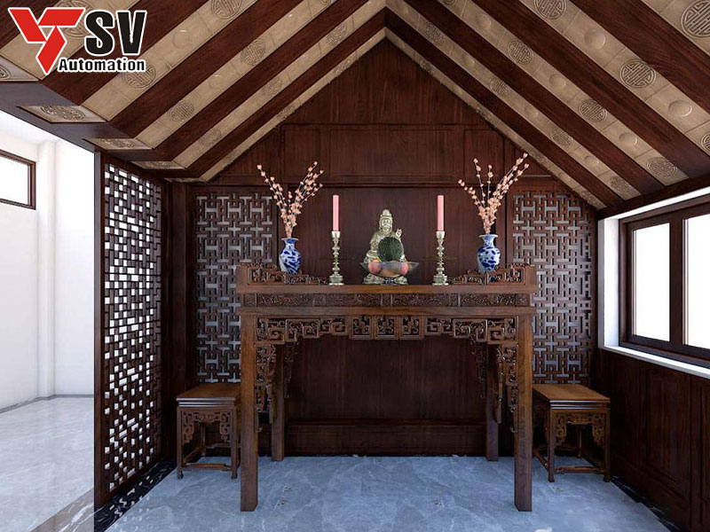 Mẫu vách ngăn phòng thờ màu nâu gỗ đậm giúp không gian thêm ấm cúng